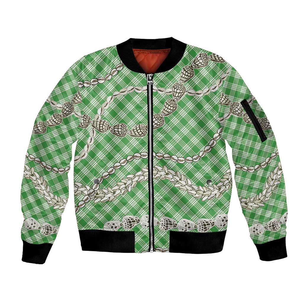 Green Aloha Hawaii Shell Lei Sleeve Zip Bomber Jacket Palaka Hebrew Cone Honey Cowrie Elegant Curves - Polynesian Pride