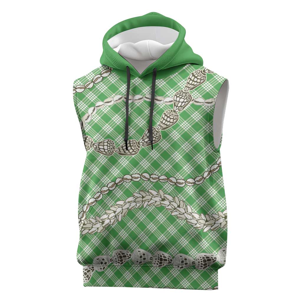 Green Aloha Hawaii Shell Lei Sleeveless Hoodie Palaka Hebrew Cone Honey Cowrie Elegant Curves - Polynesian Pride