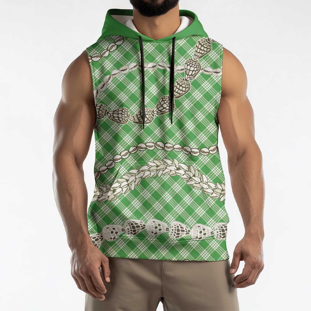 Green Aloha Hawaii Shell Lei Sleeveless Hoodie Palaka Hebrew Cone Honey Cowrie Elegant Curves - Polynesian Pride