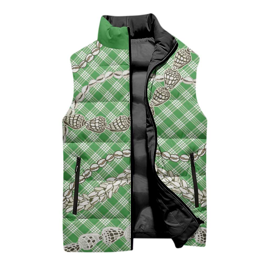 Green Aloha Hawaii Shell Lei Sleeveless Puffer Jacket Palaka Hebrew Cone Honey Cowrie Elegant Curves - Polynesian Pride