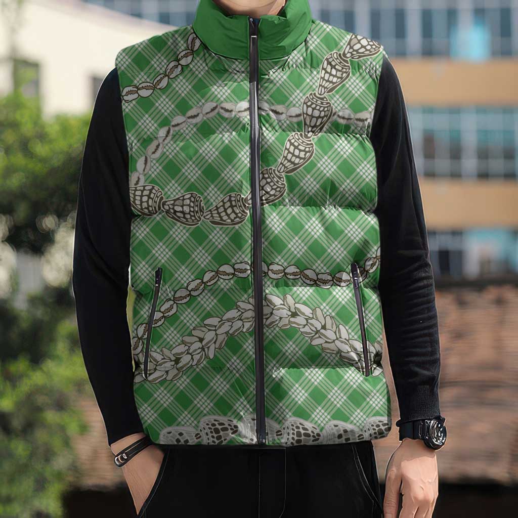 Green Aloha Hawaii Shell Lei Sleeveless Puffer Jacket Palaka Hebrew Cone Honey Cowrie Elegant Curves - Polynesian Pride