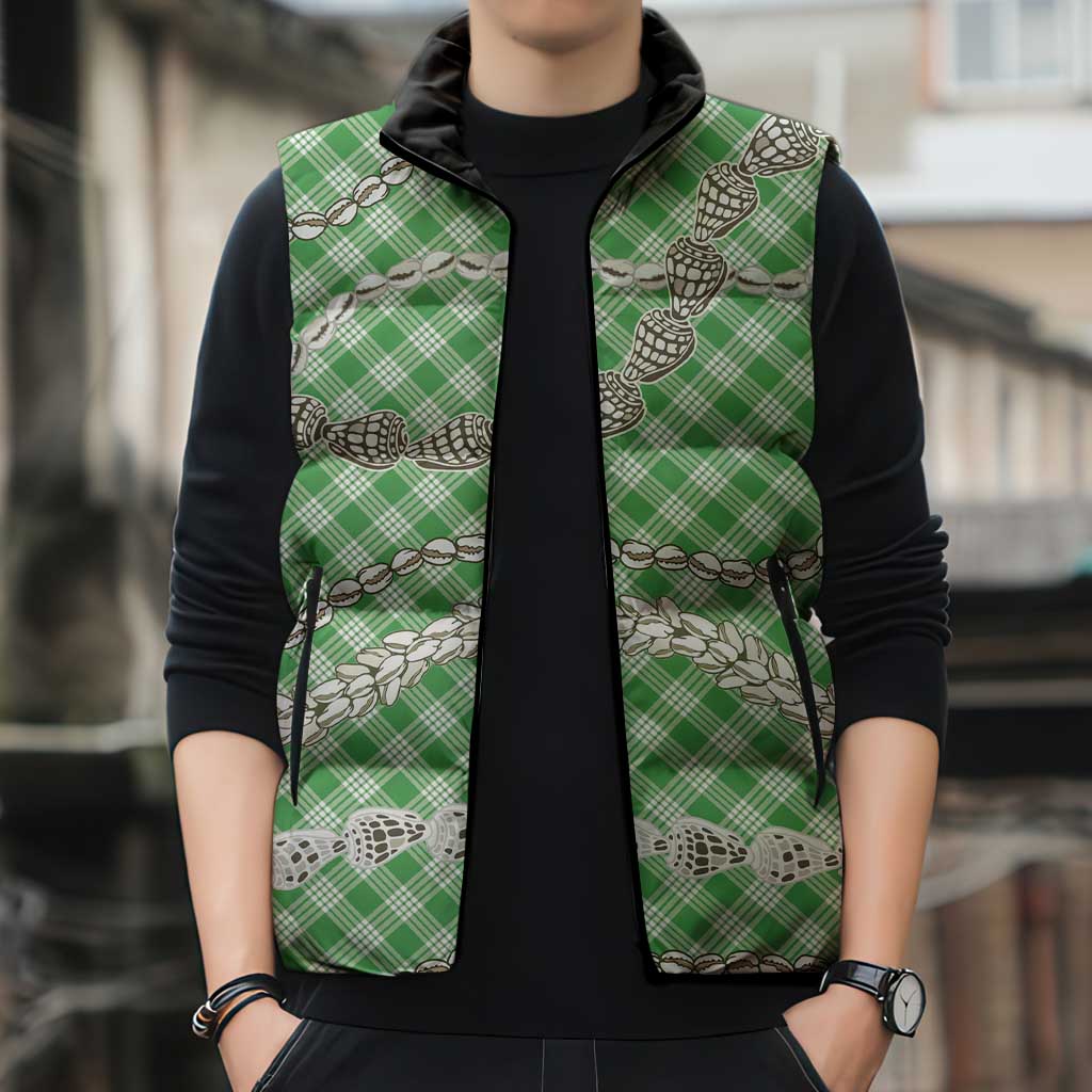 Green Aloha Hawaii Shell Lei Sleeveless Puffer Jacket Palaka Hebrew Cone Honey Cowrie Elegant Curves - Polynesian Pride