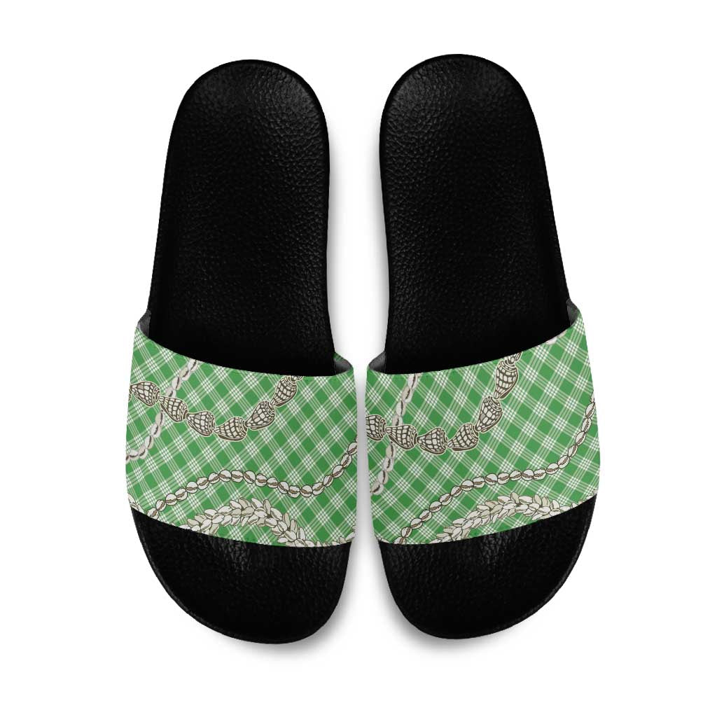 Green Aloha Hawaii Shell Lei Slide Sandals Palaka Hebrew Cone Honey Cowrie Elegant Curves - Polynesian Pride