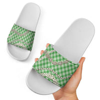 Green Aloha Hawaii Shell Lei Slide Sandals Palaka Hebrew Cone Honey Cowrie Elegant Curves - Polynesian Pride
