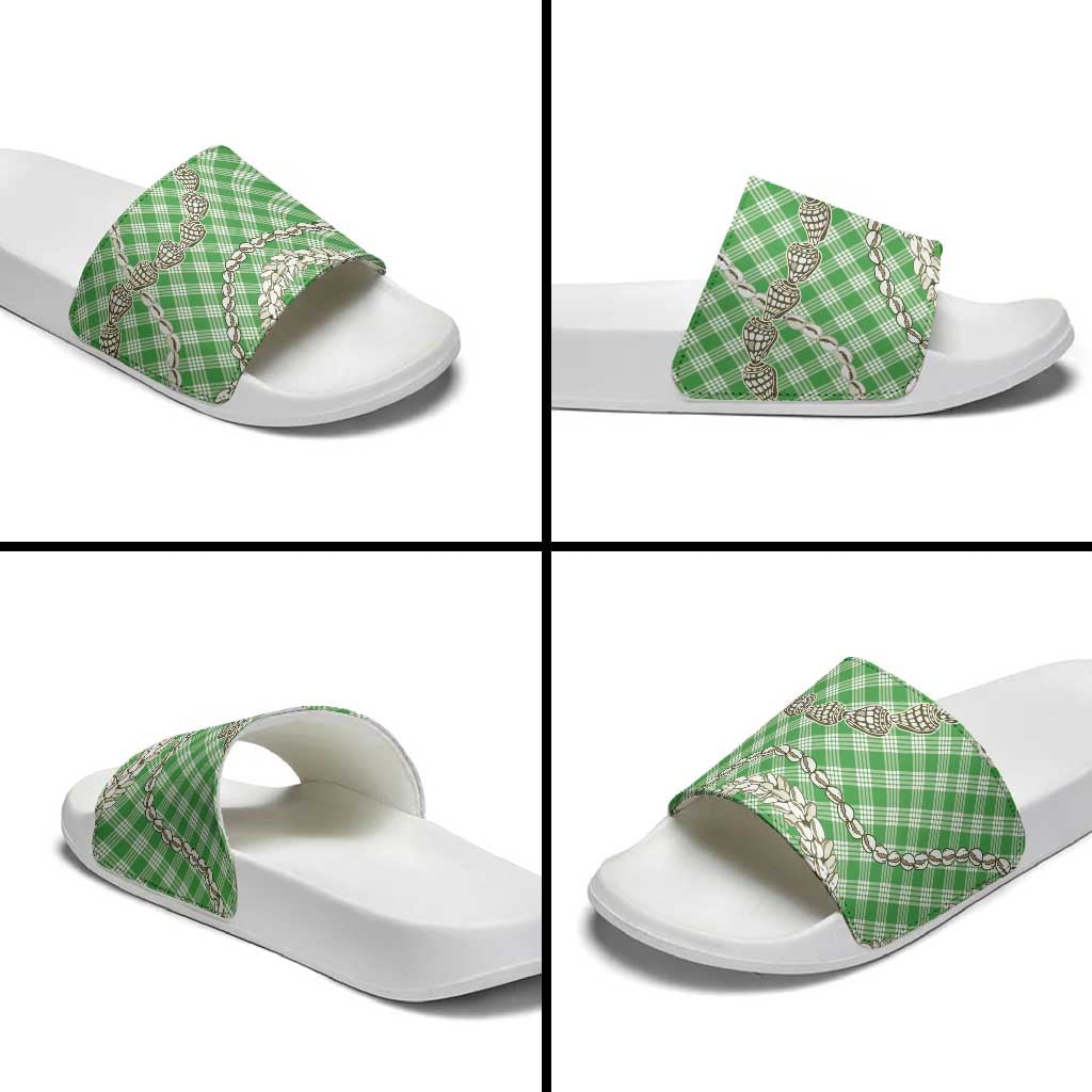 Green Aloha Hawaii Shell Lei Slide Sandals Palaka Hebrew Cone Honey Cowrie Elegant Curves - Polynesian Pride