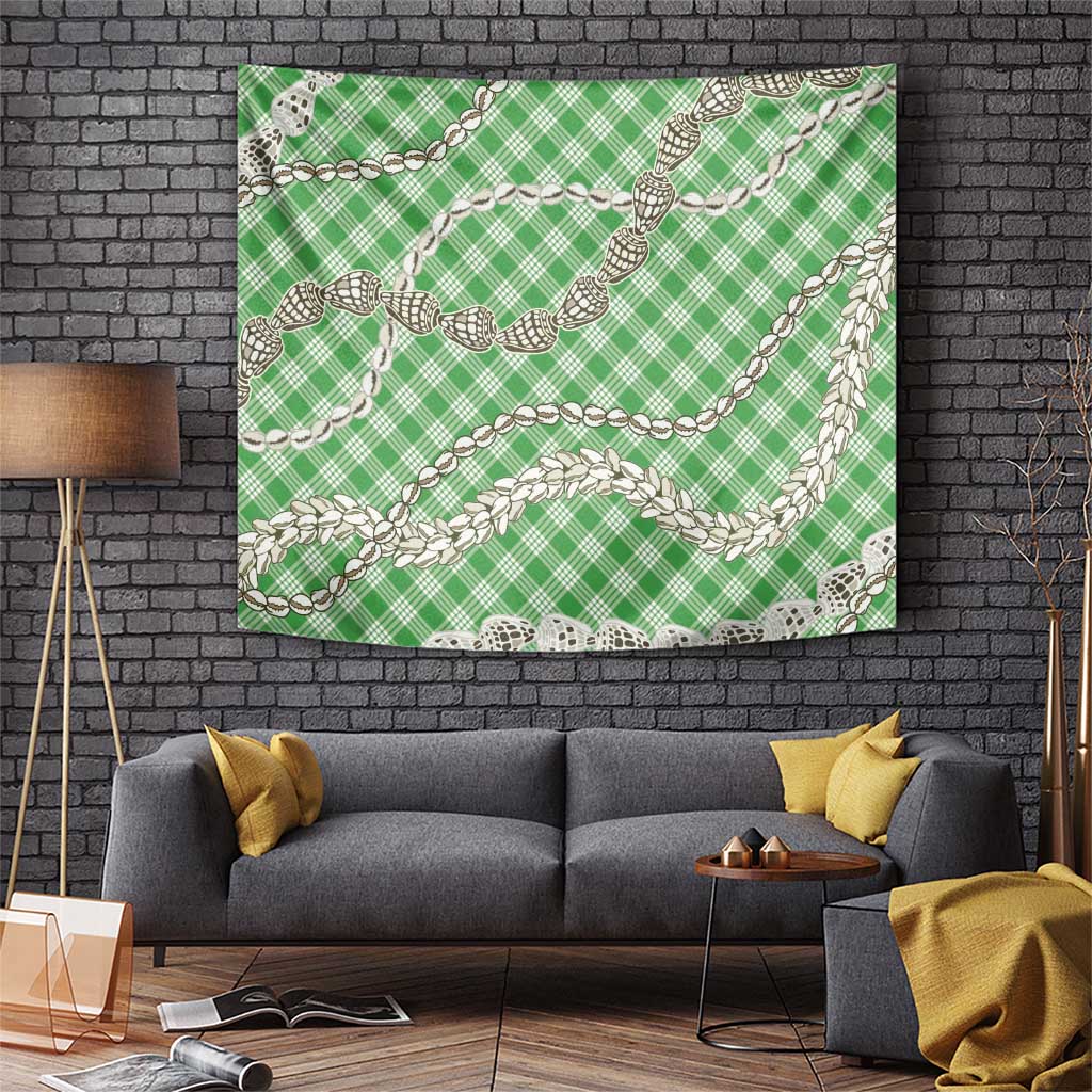 Green Aloha Hawaii Shell Lei Tapestry Palaka Hebrew Cone Honey Cowrie Elegant Curves - Polynesian Pride