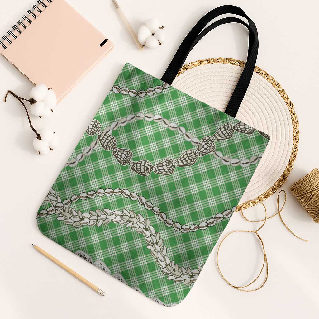 Green Aloha Hawaii Shell Lei Tote Bag Palaka Hebrew Cone Honey Cowrie Elegant Curves - Polynesian Pride