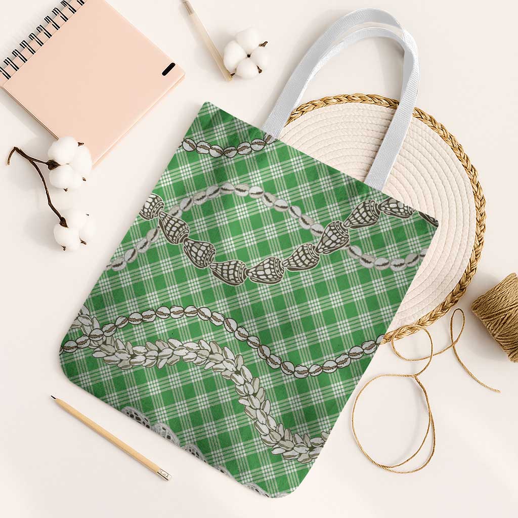 Green Aloha Hawaii Shell Lei Tote Bag Palaka Hebrew Cone Honey Cowrie Elegant Curves - Polynesian Pride