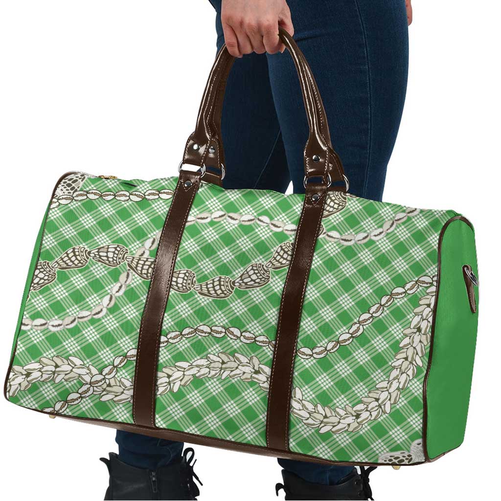 Green Aloha Hawaii Shell Lei Travel Bag Palaka Hebrew Cone Honey Cowrie Elegant Curves - Polynesian Pride