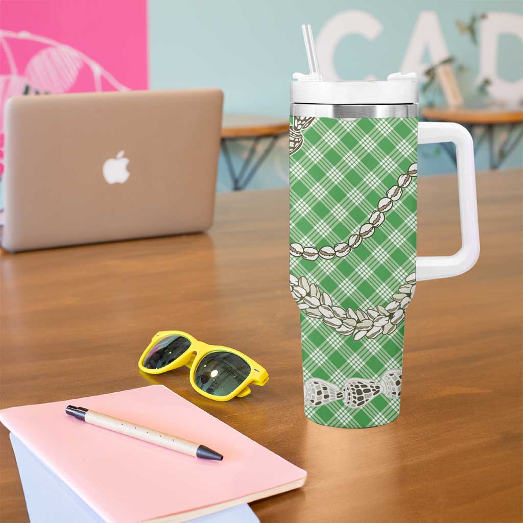 Green Aloha Hawaii Shell Lei Tumbler With Handle Palaka Hebrew Cone Honey Cowrie Elegant Curves LT14 - Polynesian Pride