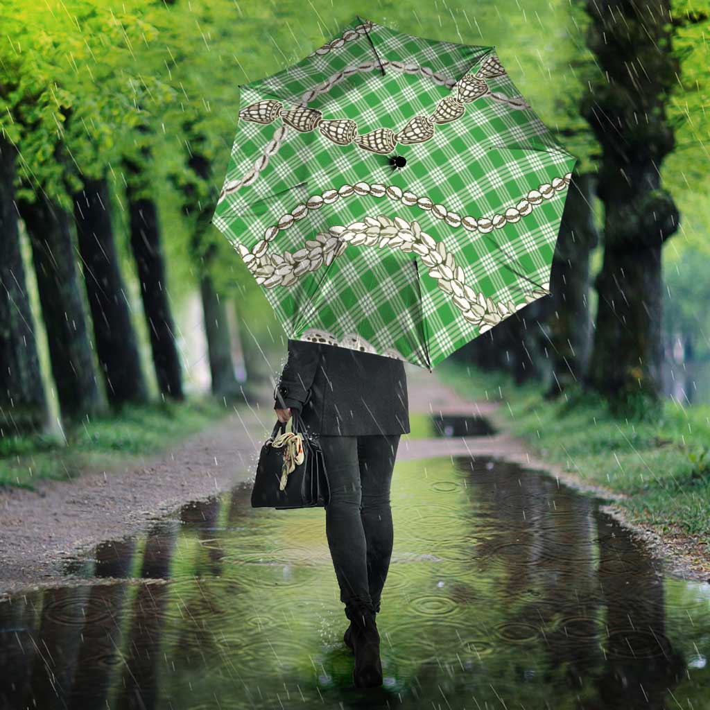 Green Aloha Hawaii Shell Lei Umbrella Palaka Hebrew Cone Honey Cowrie Elegant Curves - Polynesian Pride