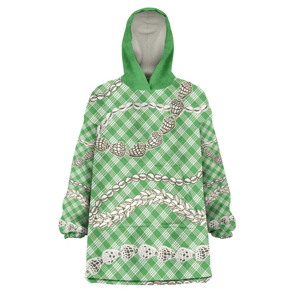 Green Aloha Hawaii Shell Lei Wearable Blanket Hoodie Palaka Hebrew Cone Honey Cowrie Elegant Curves - Polynesian Pride