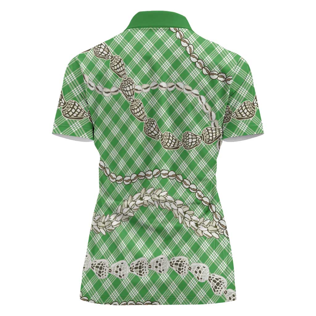 Green Aloha Hawaii Shell Lei Women Polo Shirt Palaka Hebrew Cone Honey Cowrie Elegant Curves LT14 - Polynesian Pride