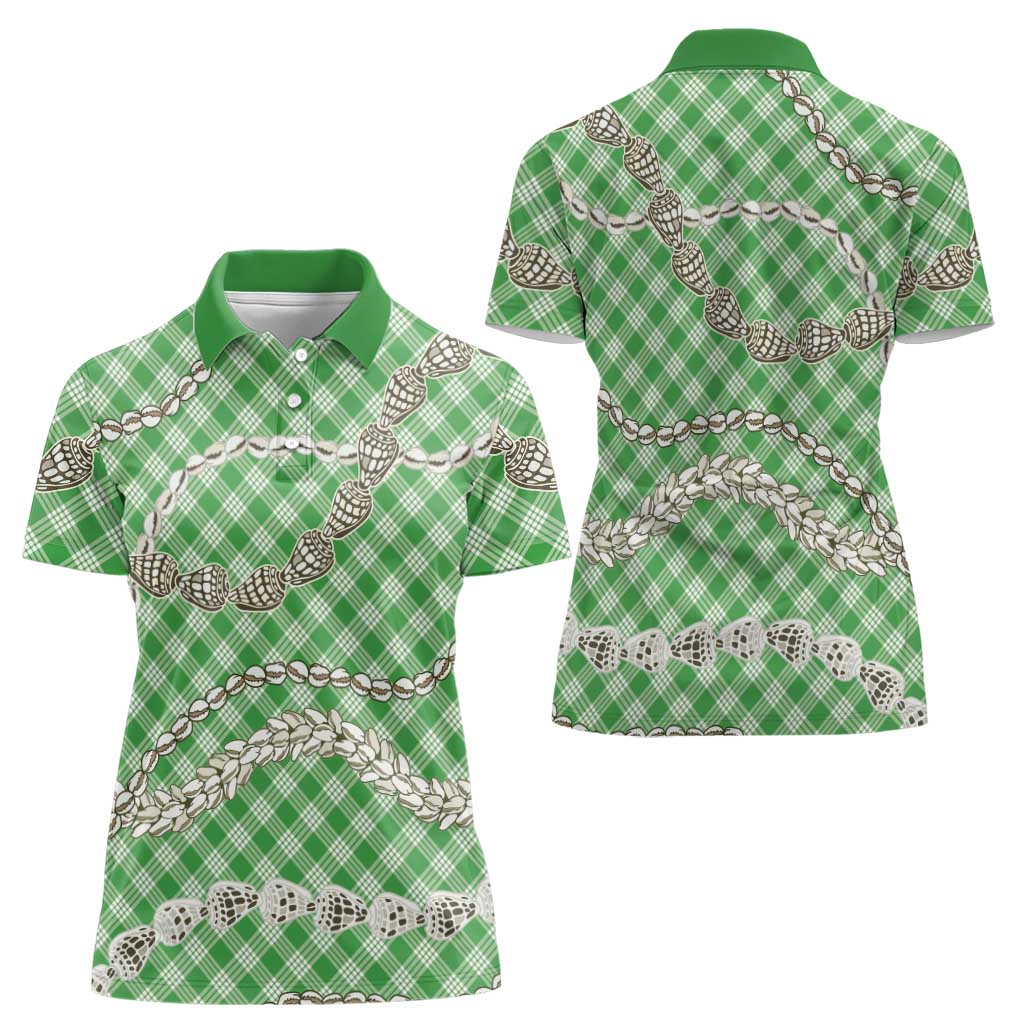 Green Aloha Hawaii Shell Lei Women Polo Shirt Palaka Hebrew Cone Honey Cowrie Elegant Curves LT14 - Polynesian Pride