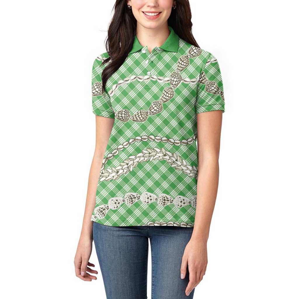 Green Aloha Hawaii Shell Lei Women Polo Shirt Palaka Hebrew Cone Honey Cowrie Elegant Curves LT14 - Polynesian Pride
