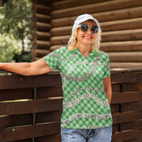 Green Aloha Hawaii Shell Lei Women Polo Shirt Palaka Hebrew Cone Honey Cowrie Elegant Curves LT14 - Polynesian Pride