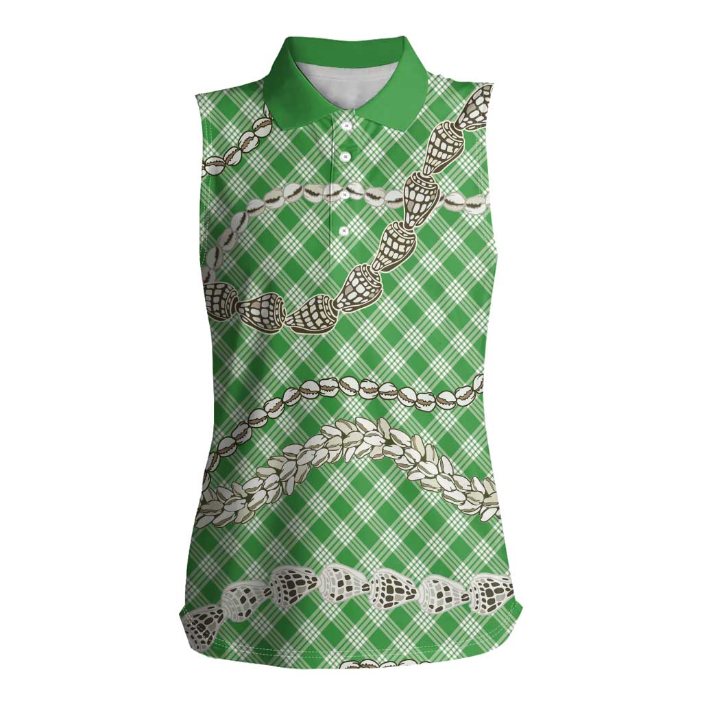 Green Aloha Hawaii Shell Lei Women Sleeveless Polo Shirt Palaka Hebrew Cone Honey Cowrie Elegant Curves LT14 Female Green - Polynesian Pride