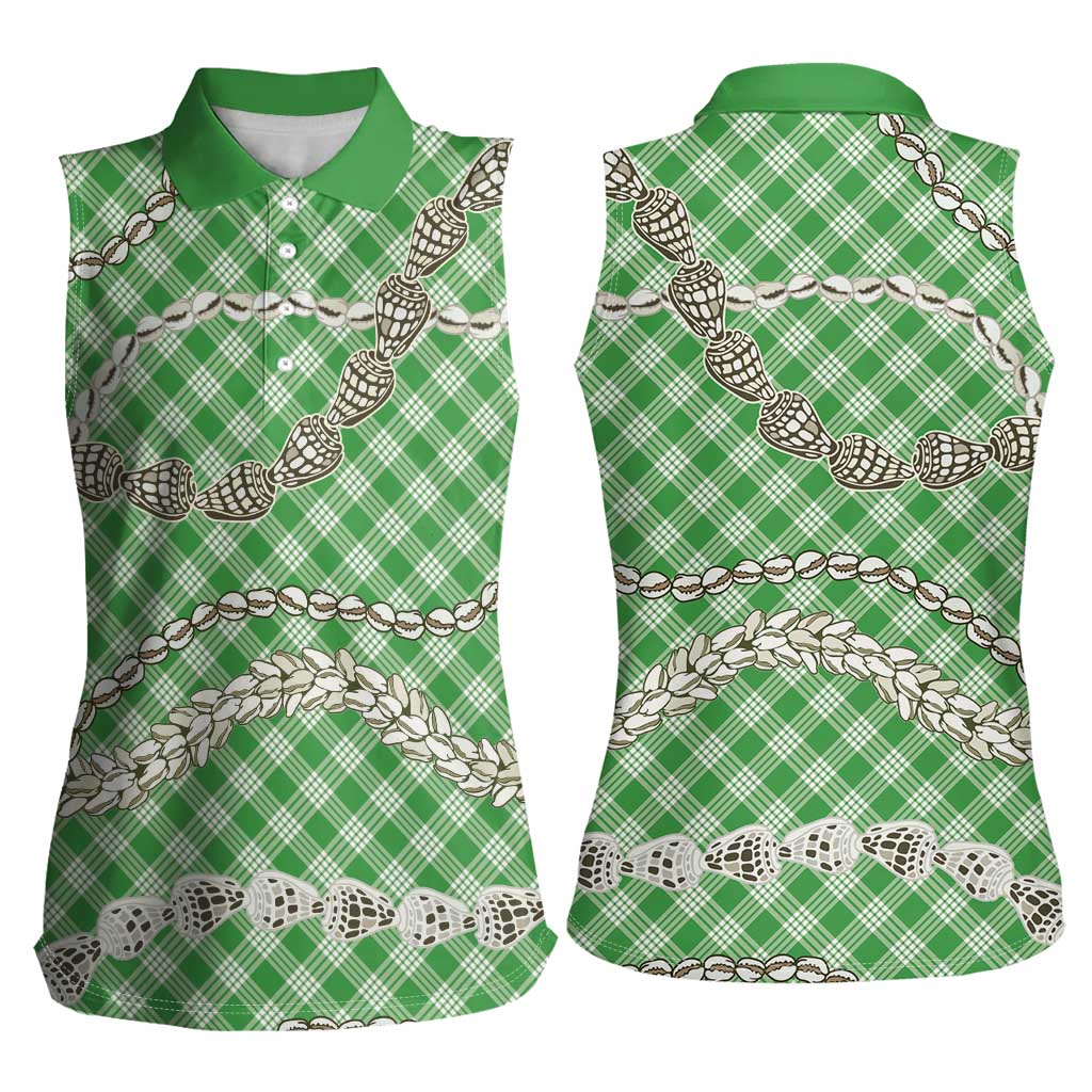Green Aloha Hawaii Shell Lei Women Sleeveless Polo Shirt Palaka Hebrew Cone Honey Cowrie Elegant Curves LT14 - Polynesian Pride