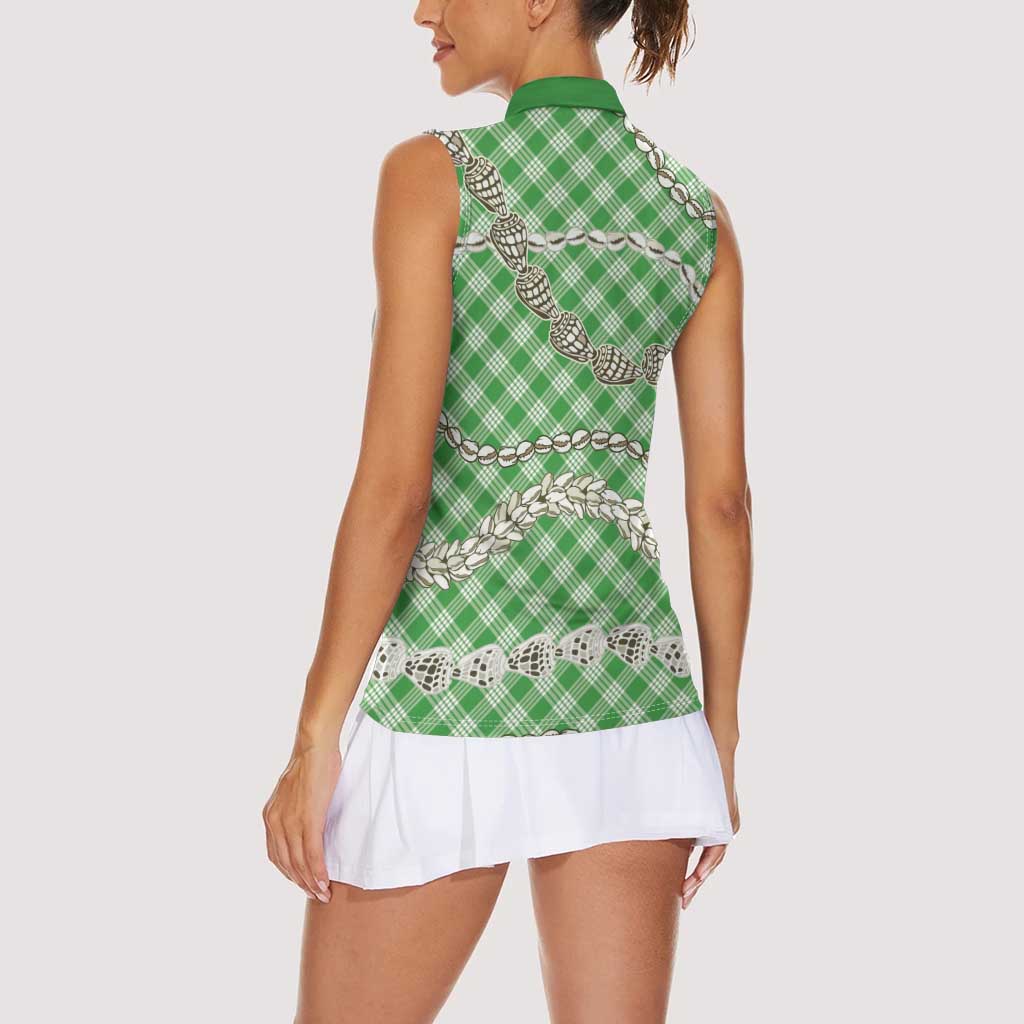 Green Aloha Hawaii Shell Lei Women Sleeveless Polo Shirt Palaka Hebrew Cone Honey Cowrie Elegant Curves LT14 - Polynesian Pride