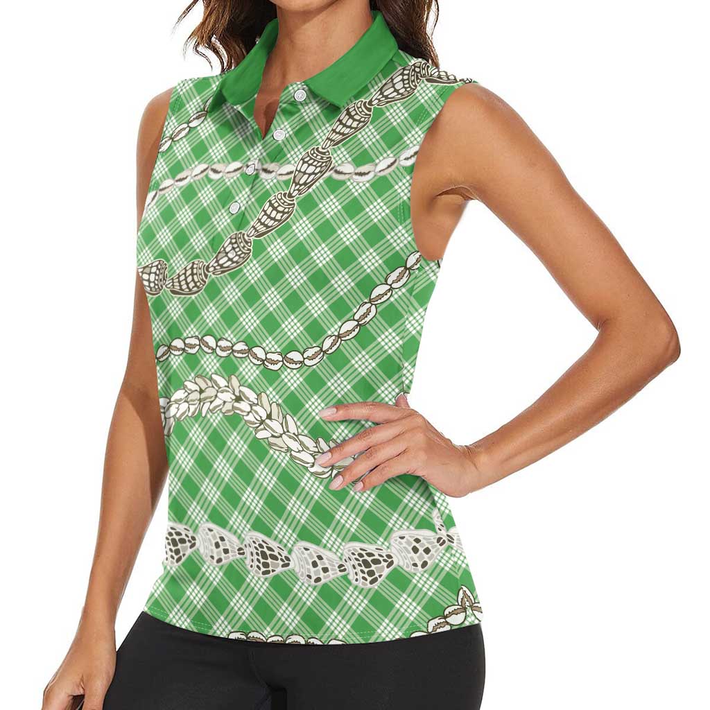 Green Aloha Hawaii Shell Lei Women Sleeveless Polo Shirt Palaka Hebrew Cone Honey Cowrie Elegant Curves LT14 - Polynesian Pride