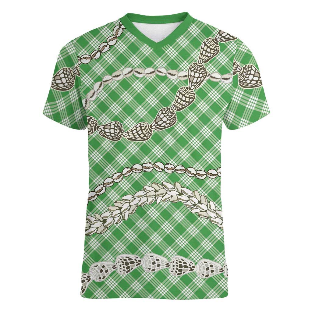 Green Aloha Hawaii Shell Lei Women V-Neck T-Shirt Palaka Hebrew Cone Honey Cowrie Elegant Curves LT14 Female Green - Polynesian Pride