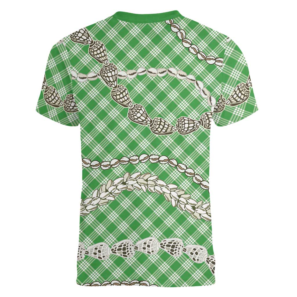 Green Aloha Hawaii Shell Lei Women V-Neck T-Shirt Palaka Hebrew Cone Honey Cowrie Elegant Curves LT14 - Polynesian Pride