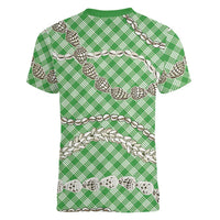 Green Aloha Hawaii Shell Lei Women V-Neck T-Shirt Palaka Hebrew Cone Honey Cowrie Elegant Curves LT14 - Polynesian Pride