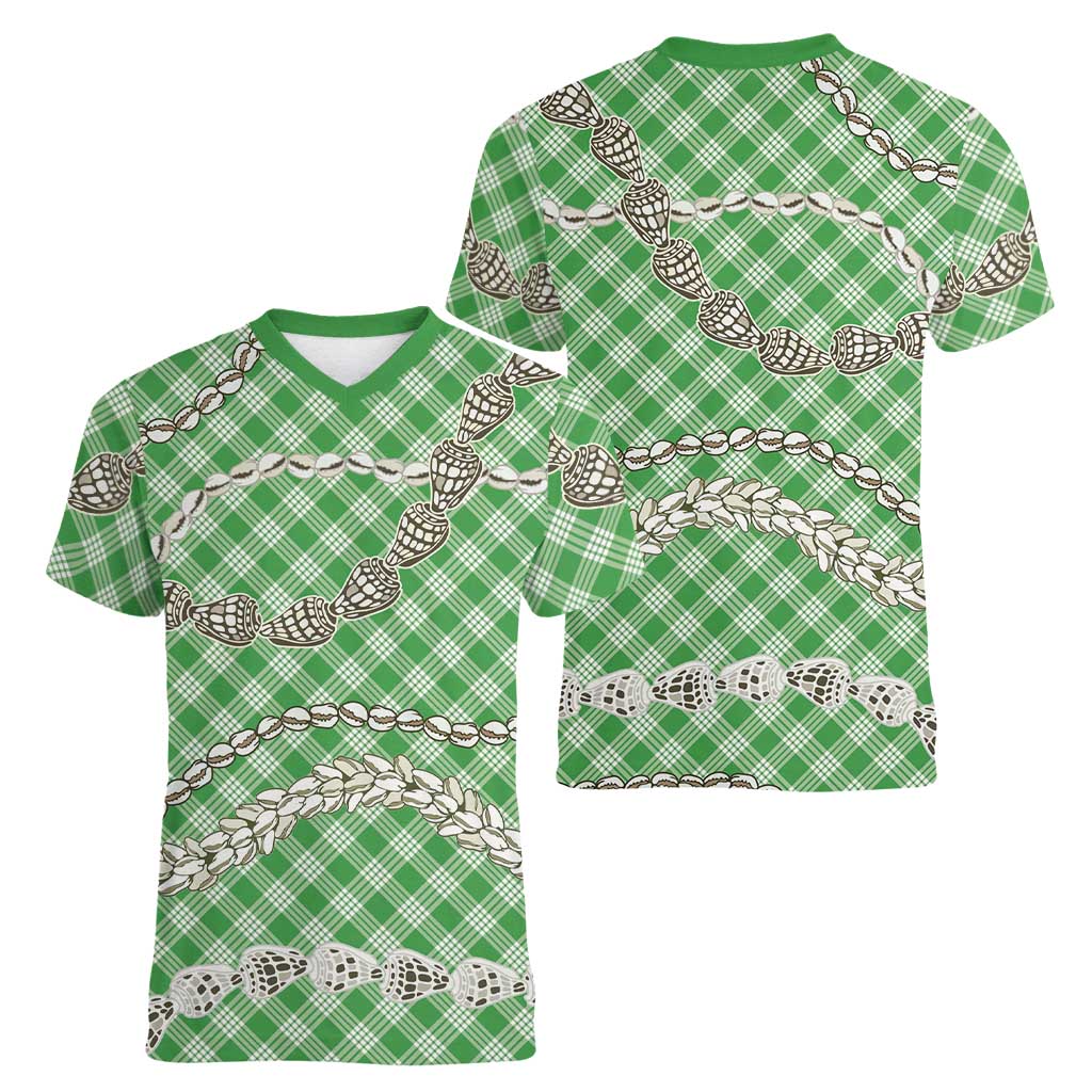 Green Aloha Hawaii Shell Lei Women V-Neck T-Shirt Palaka Hebrew Cone Honey Cowrie Elegant Curves LT14 - Polynesian Pride