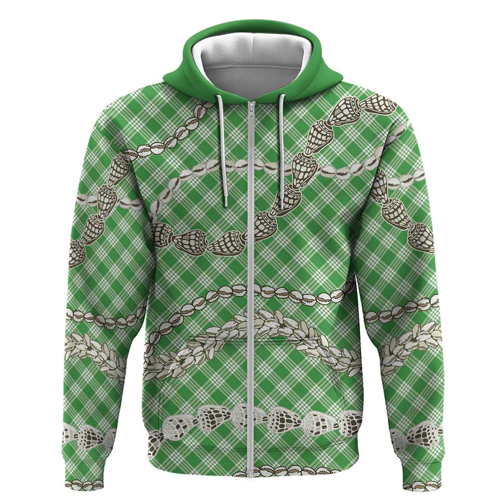 Green Aloha Hawaii Shell Lei Zip Hoodie Palaka Hebrew Cone Honey Cowrie Elegant Curves - Polynesian Pride