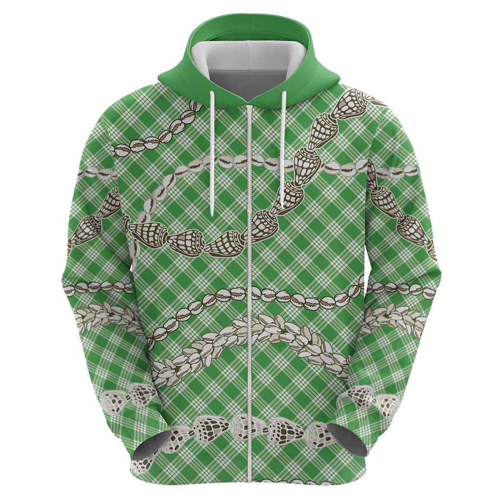 Green Aloha Hawaii Shell Lei Zip Hoodie Palaka Hebrew Cone Honey Cowrie Elegant Curves - Polynesian Pride