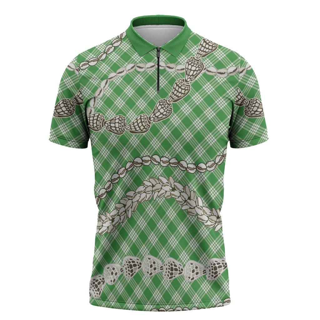 Green Aloha Hawaii Shell Lei Zipper Polo Shirt Palaka Hebrew Cone Honey Cowrie Elegant Curves - Polynesian Pride