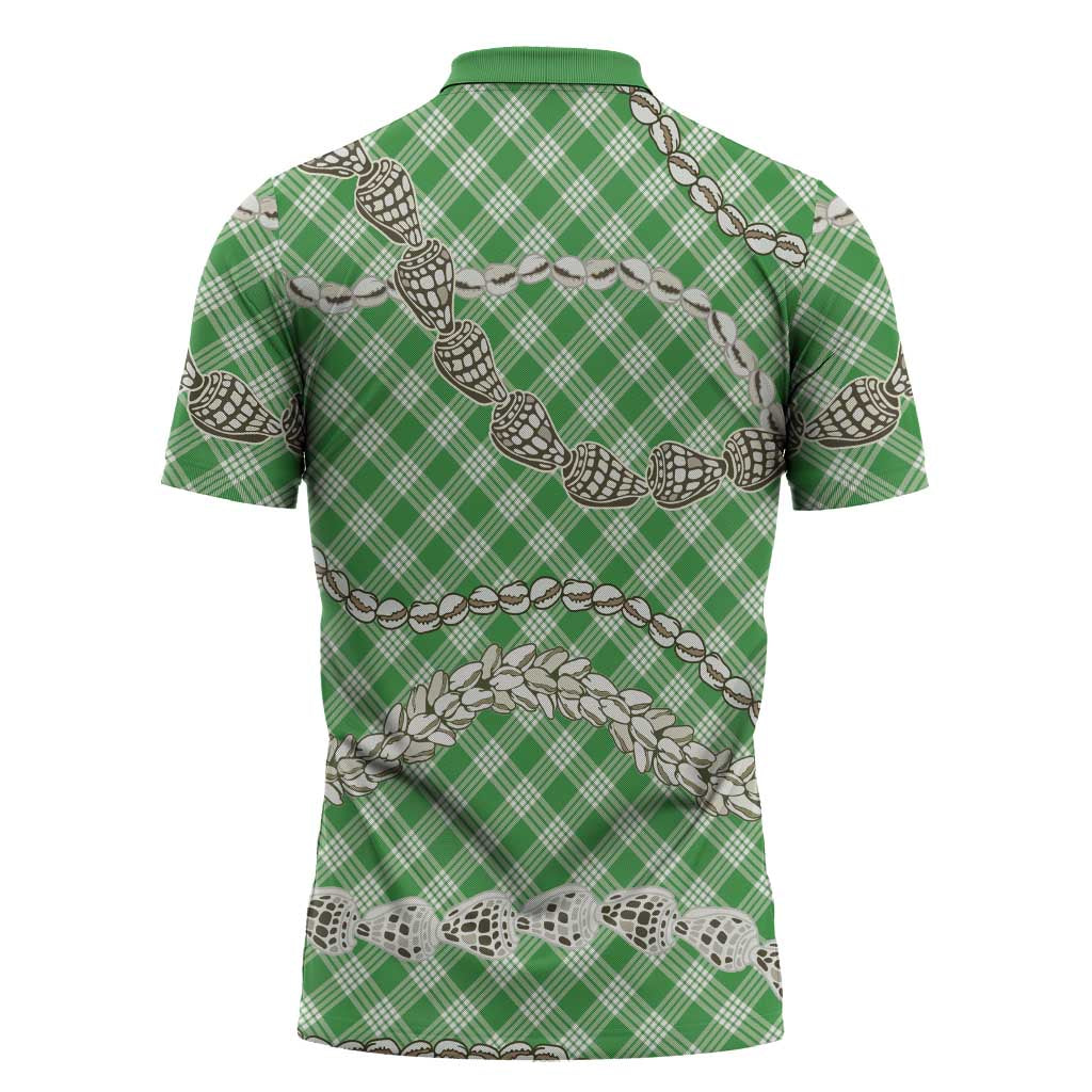 Green Aloha Hawaii Shell Lei Zipper Polo Shirt Palaka Hebrew Cone Honey Cowrie Elegant Curves - Polynesian Pride