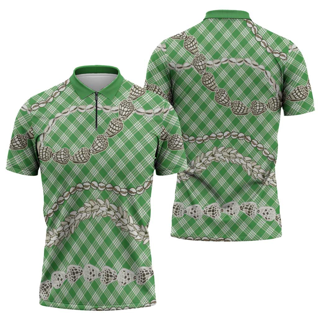 Green Aloha Hawaii Shell Lei Zipper Polo Shirt Palaka Hebrew Cone Honey Cowrie Elegant Curves - Polynesian Pride
