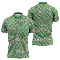 Green Aloha Hawaii Shell Lei Zipper Polo Shirt Palaka Hebrew Cone Honey Cowrie Elegant Curves - Polynesian Pride