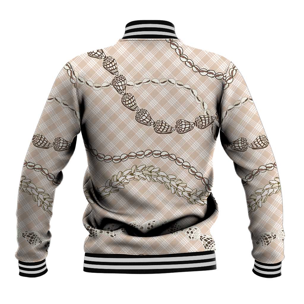 Beige Aloha Hawaii Shell Lei Baseball Jacket Palaka Hebrew Cone Honey Cowrie Elegant Curves - Polynesian Pride