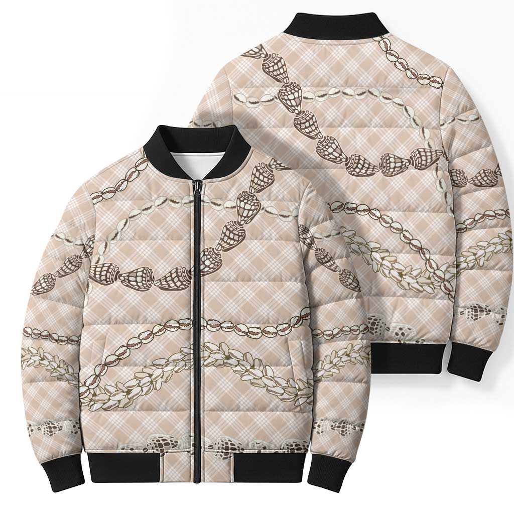 Beige Aloha Hawaii Shell Lei Bomber Puffer Jacket Palaka Hebrew Cone Honey Cowrie Elegant Curves - Polynesian Pride