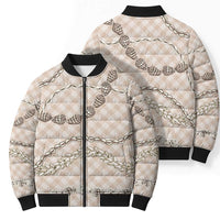 Beige Aloha Hawaii Shell Lei Bomber Puffer Jacket Palaka Hebrew Cone Honey Cowrie Elegant Curves - Polynesian Pride