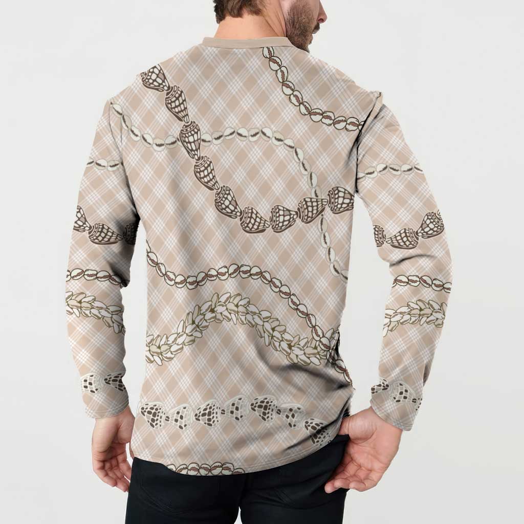 Beige Aloha Hawaii Shell Lei Button Sweatshirt Palaka Hebrew Cone Honey Cowrie Elegant Curves - Polynesian Pride