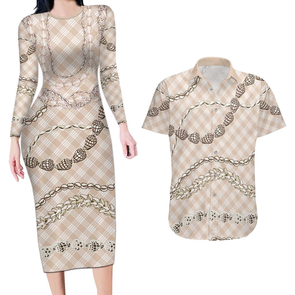 Beige Aloha Hawaii Shell Lei Couples Matching Long Sleeve Bodycon Dress and Hawaiian Shirt Palaka Hebrew Cone Honey Cowrie Elegant Curves - Polynesian Pride