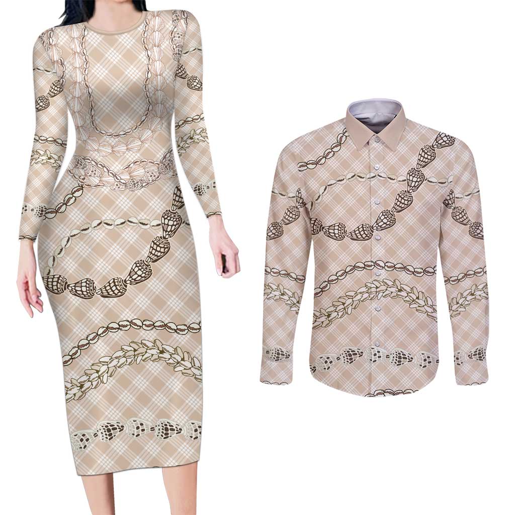 Beige Aloha Hawaii Shell Lei Couples Matching Long Sleeve Bodycon Dress and Long Sleeve Button Shirt Palaka Hebrew Cone Honey Cowrie Elegant Curves LT14 Beige - Polynesian Pride