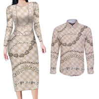 Beige Aloha Hawaii Shell Lei Couples Matching Long Sleeve Bodycon Dress and Long Sleeve Button Shirt Palaka Hebrew Cone Honey Cowrie Elegant Curves LT14 Beige - Polynesian Pride
