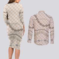Beige Aloha Hawaii Shell Lei Couples Matching Long Sleeve Bodycon Dress and Long Sleeve Button Shirt Palaka Hebrew Cone Honey Cowrie Elegant Curves LT14 - Polynesian Pride