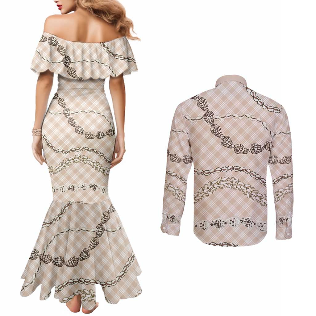 Beige Aloha Hawaii Shell Lei Couples Matching Mermaid Dress and Long Sleeve Button Shirt Palaka Hebrew Cone Honey Cowrie Elegant Curves LT14 - Polynesian Pride