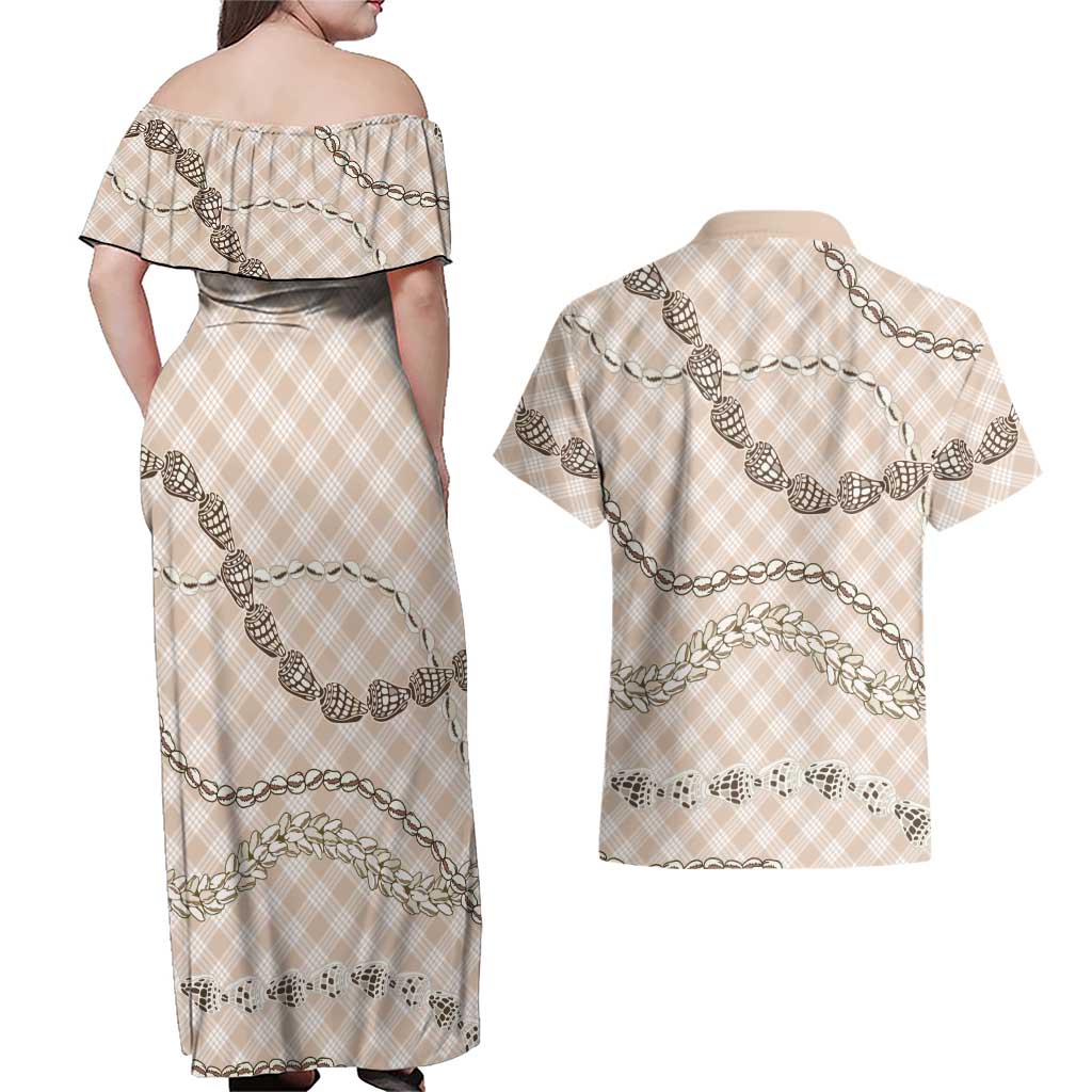 Beige Aloha Hawaii Shell Lei Couples Matching Off Shoulder Maxi Dress and Hawaiian Shirt Palaka Hebrew Cone Honey Cowrie Elegant Curves LT14 - Polynesian Pride