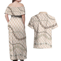 Beige Aloha Hawaii Shell Lei Couples Matching Off Shoulder Maxi Dress and Hawaiian Shirt Palaka Hebrew Cone Honey Cowrie Elegant Curves LT14 - Polynesian Pride