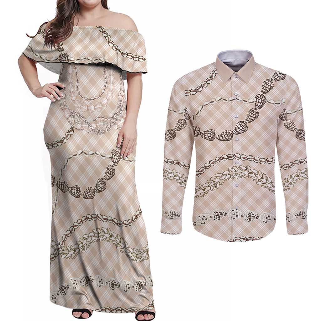 Beige Aloha Hawaii Shell Lei Couples Matching Off Shoulder Maxi Dress and Long Sleeve Button Shirt Palaka Hebrew Cone Honey Cowrie Elegant Curves LT14 Beige - Polynesian Pride