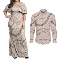 Beige Aloha Hawaii Shell Lei Couples Matching Off Shoulder Maxi Dress and Long Sleeve Button Shirt Palaka Hebrew Cone Honey Cowrie Elegant Curves LT14 Beige - Polynesian Pride