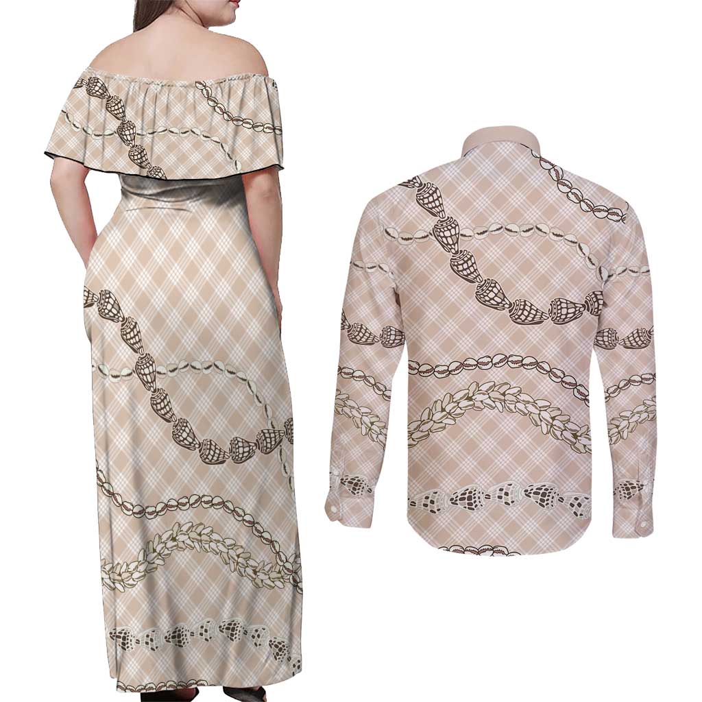 Beige Aloha Hawaii Shell Lei Couples Matching Off Shoulder Maxi Dress and Long Sleeve Button Shirt Palaka Hebrew Cone Honey Cowrie Elegant Curves LT14 - Polynesian Pride