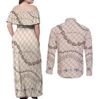 Beige Aloha Hawaii Shell Lei Couples Matching Off Shoulder Maxi Dress and Long Sleeve Button Shirt Palaka Hebrew Cone Honey Cowrie Elegant Curves LT14 - Polynesian Pride