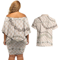 Beige Aloha Hawaii Shell Lei Couples Matching Off Shoulder Short Dress and Hawaiian Shirt Palaka Hebrew Cone Honey Cowrie Elegant Curves LT14 - Polynesian Pride